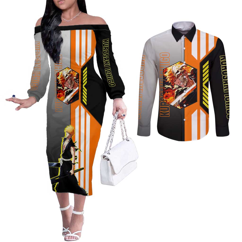 Ichigo Kurosaki from Bleach Couples Matching Off The Shoulder Long Sleeve Dress and Long Sleeve Button Shirt with Sword and Battle Ready Pose Design - The Mazicc