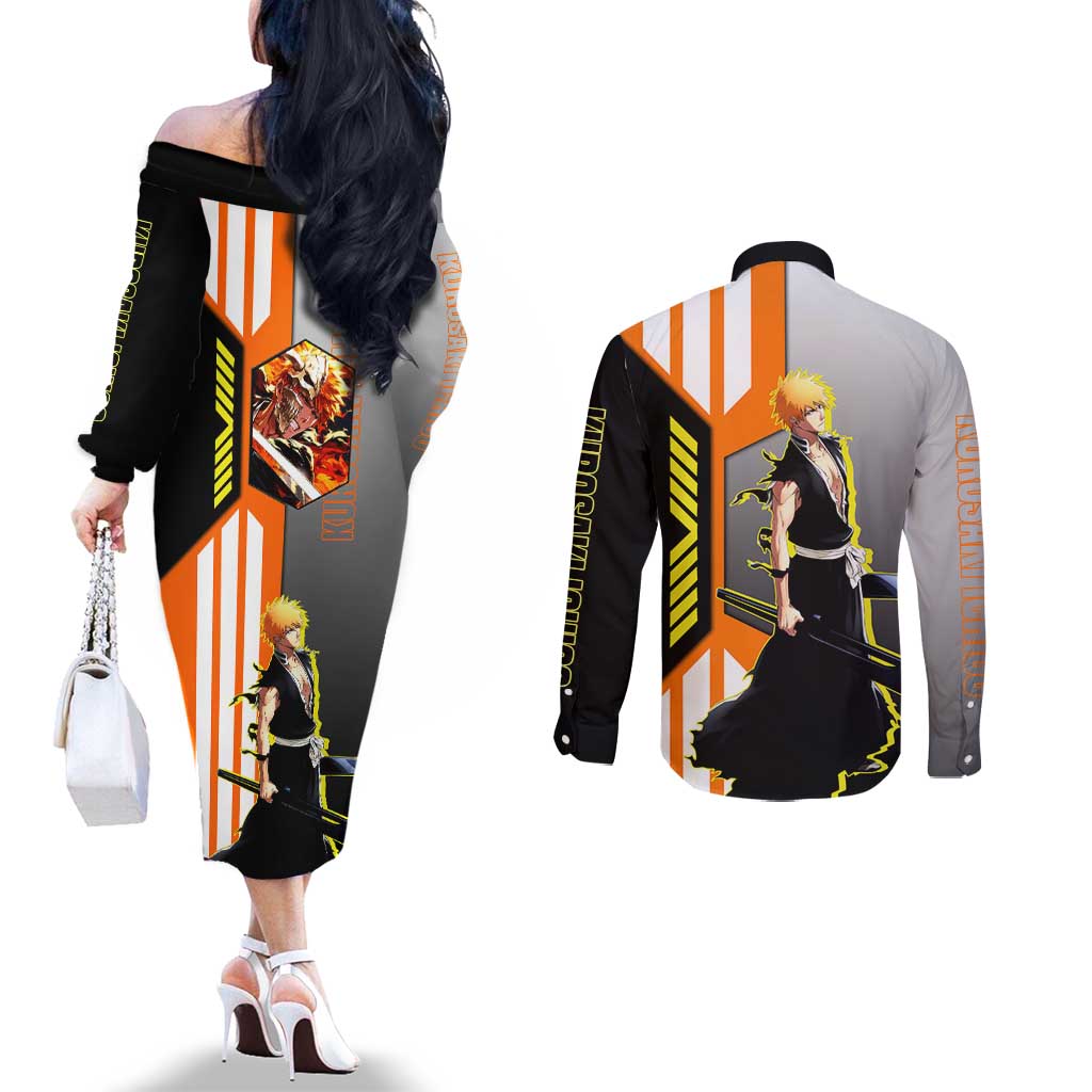 Ichigo Kurosaki from Bleach Couples Matching Off The Shoulder Long Sleeve Dress and Long Sleeve Button Shirt with Sword and Battle Ready Pose Design - The Mazicc