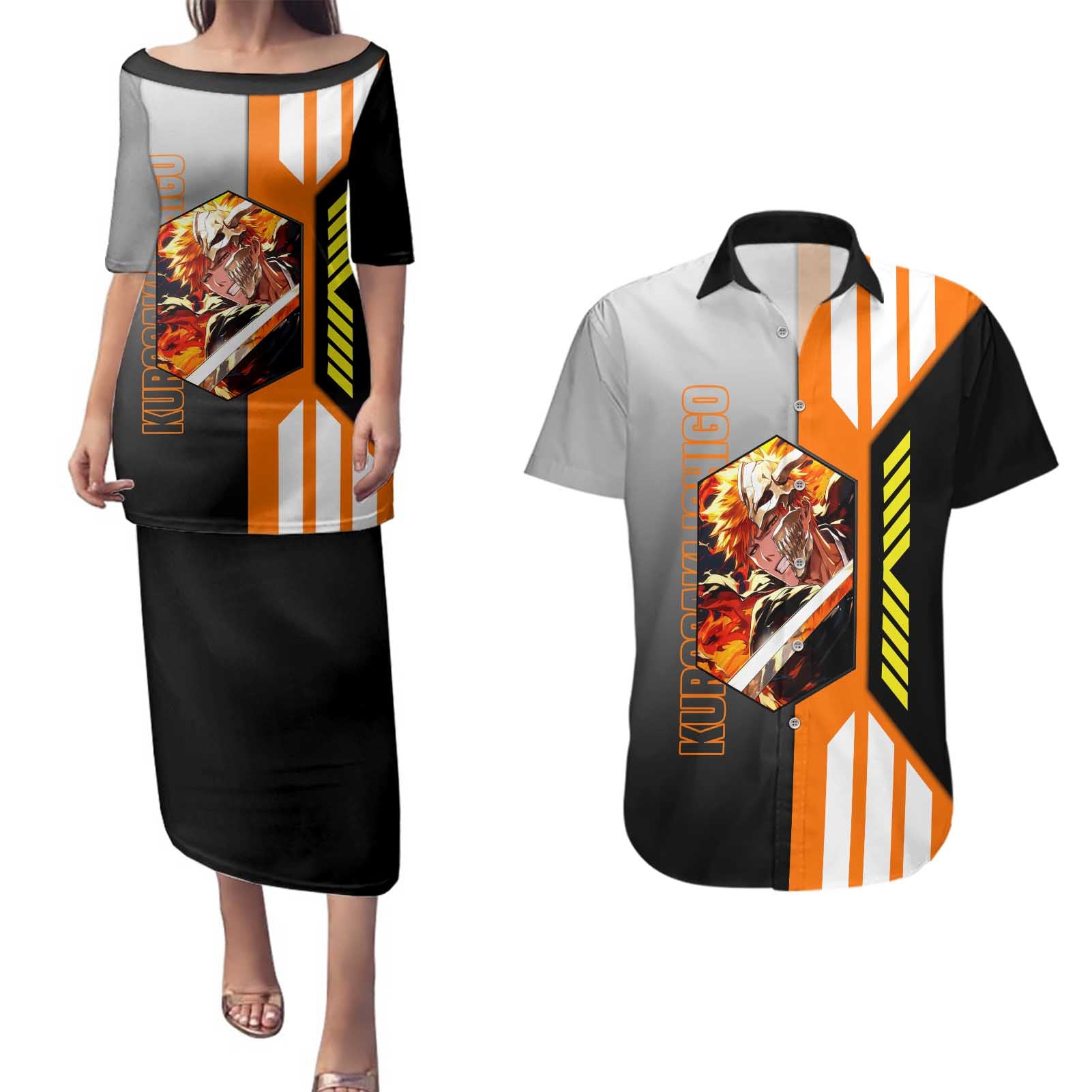 Ichigo Kurosaki from Bleach Couples Matching Puletasi and Hawaiian Shirt with Sword and Battle Ready Pose Design - The Mazicc