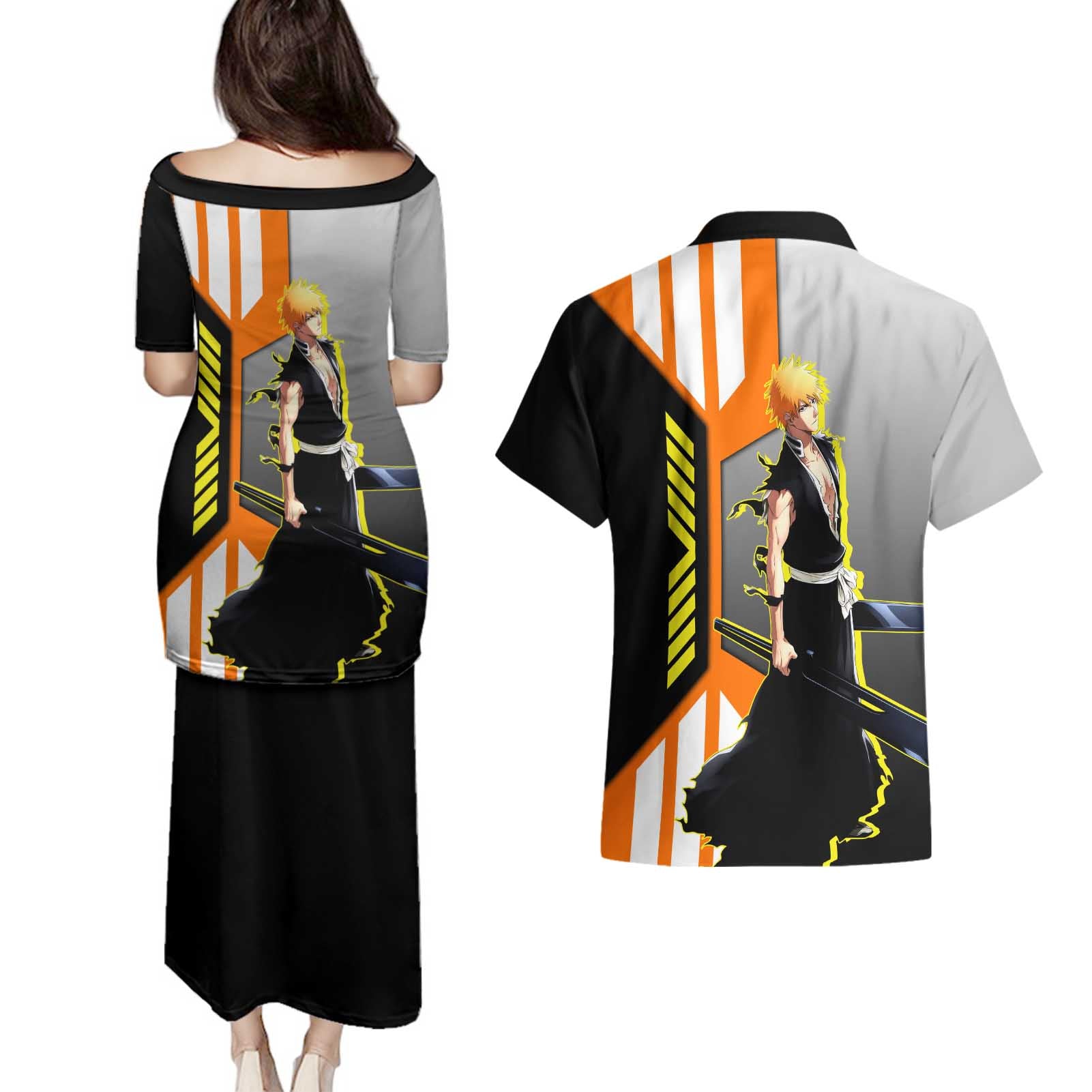 Ichigo Kurosaki from Bleach Couples Matching Puletasi and Hawaiian Shirt with Sword and Battle Ready Pose Design - The Mazicc