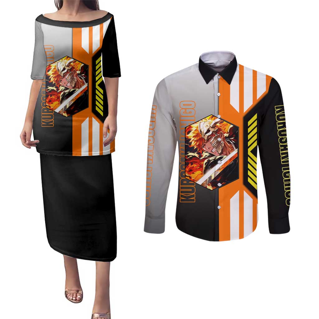 Ichigo Kurosaki from Bleach Couples Matching Puletasi and Long Sleeve Button Shirt with Sword and Battle Ready Pose Design - The Mazicc