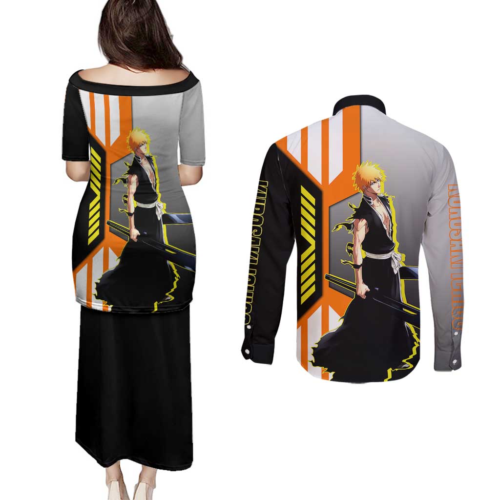 Ichigo Kurosaki from Bleach Couples Matching Puletasi and Long Sleeve Button Shirt with Sword and Battle Ready Pose Design - The Mazicc