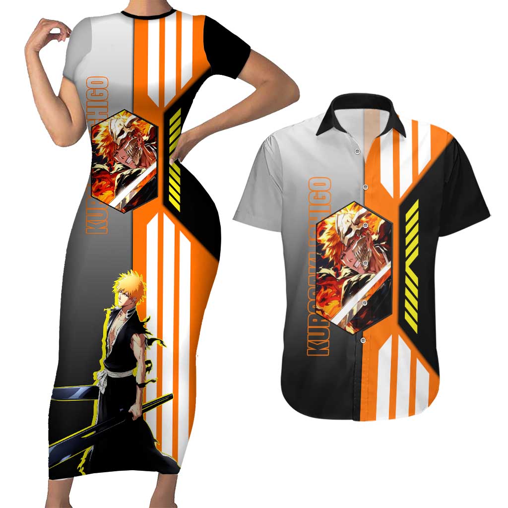 Ichigo Kurosaki from Bleach Couples Matching Short Sleeve Bodycon Dress and Hawaiian Shirt with Sword and Battle Ready Pose Design - The Mazicc