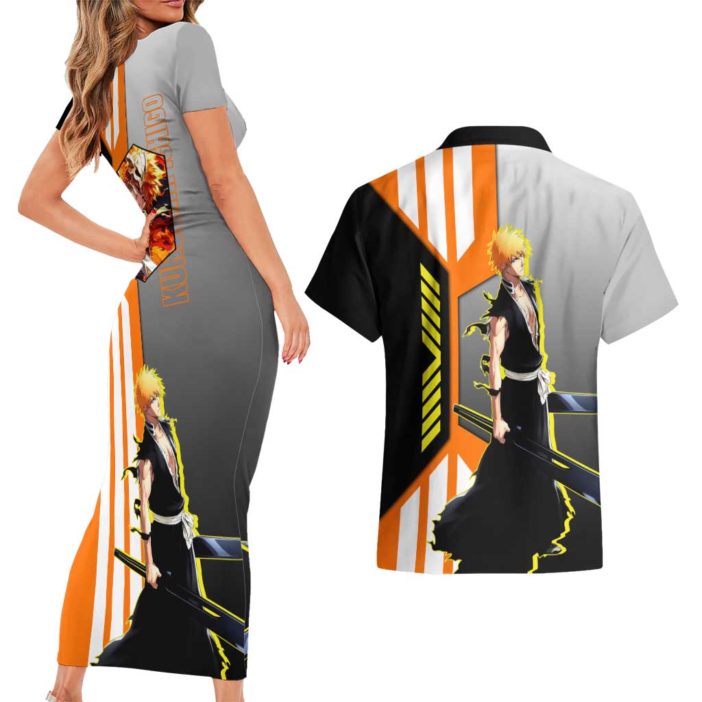 Ichigo Kurosaki from Bleach Couples Matching Short Sleeve Bodycon Dress and Hawaiian Shirt with Sword and Battle Ready Pose Design - The Mazicc