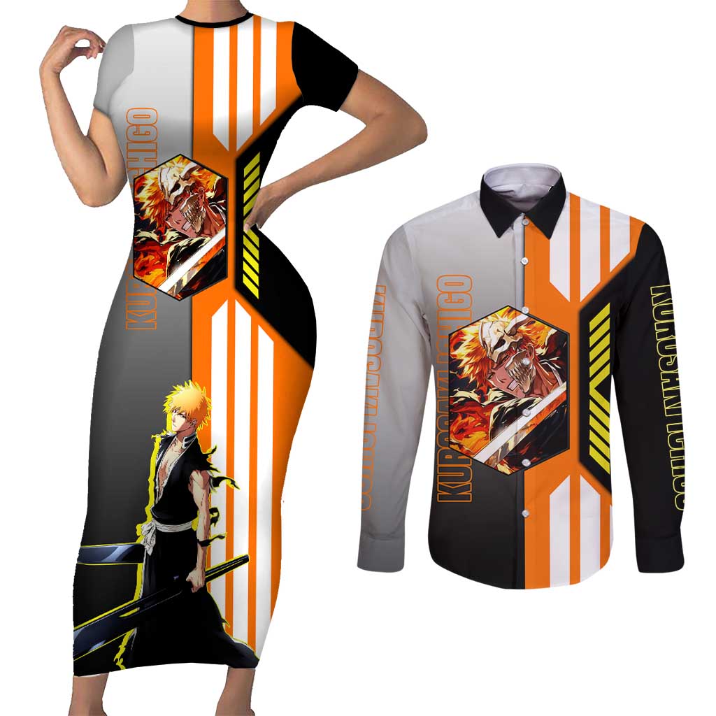 Ichigo Kurosaki from Bleach Couples Matching Short Sleeve Bodycon Dress and Long Sleeve Button Shirt with Sword and Battle Ready Pose Design - The Mazicc