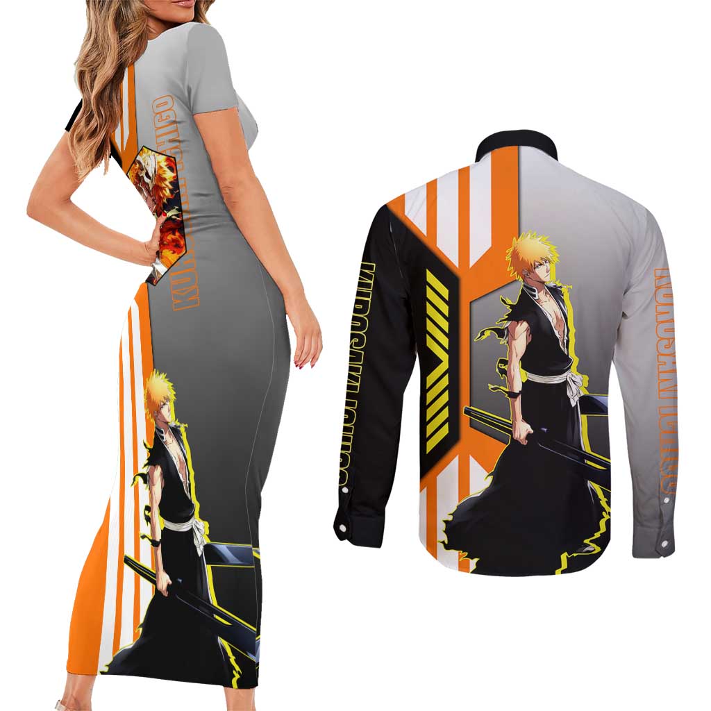 Ichigo Kurosaki from Bleach Couples Matching Short Sleeve Bodycon Dress and Long Sleeve Button Shirt with Sword and Battle Ready Pose Design - The Mazicc