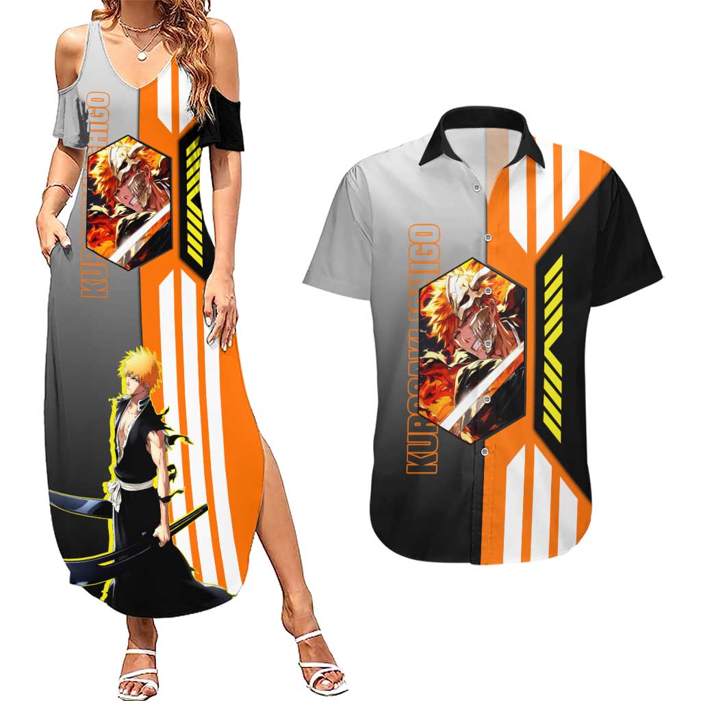 Ichigo Kurosaki from Bleach Couples Matching Summer Maxi Dress and Hawaiian Shirt with Sword and Battle Ready Pose Design - The Mazicc