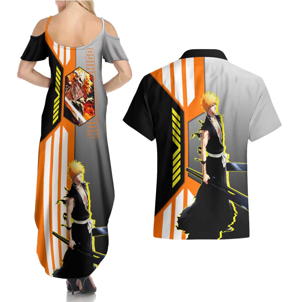 Ichigo Kurosaki from Bleach Couples Matching Summer Maxi Dress and Hawaiian Shirt with Sword and Battle Ready Pose Design - The Mazicc