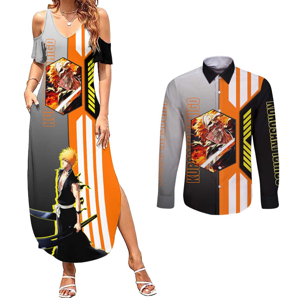 Ichigo Kurosaki from Bleach Couples Matching Summer Maxi Dress and Long Sleeve Button Shirt with Sword and Battle Ready Pose Design - The Mazicc