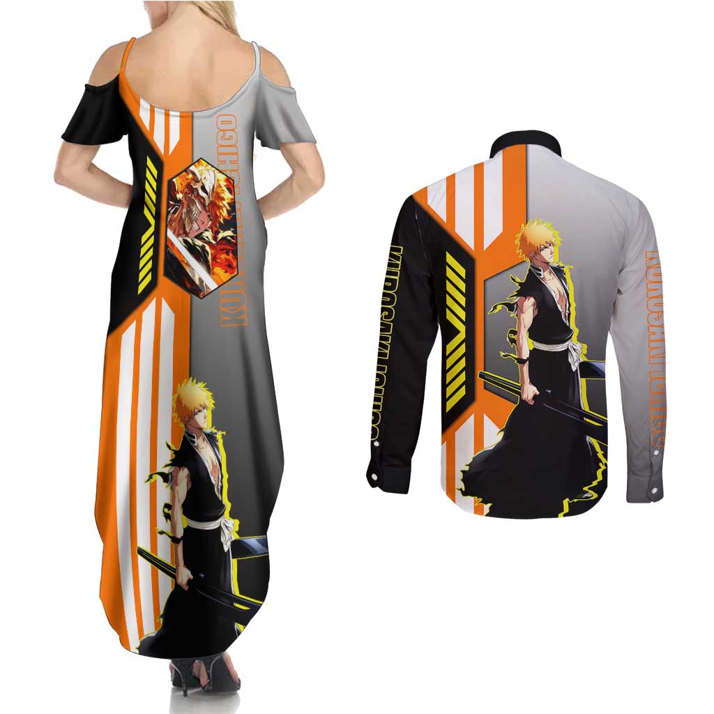 Ichigo Kurosaki from Bleach Couples Matching Summer Maxi Dress and Long Sleeve Button Shirt with Sword and Battle Ready Pose Design - The Mazicc