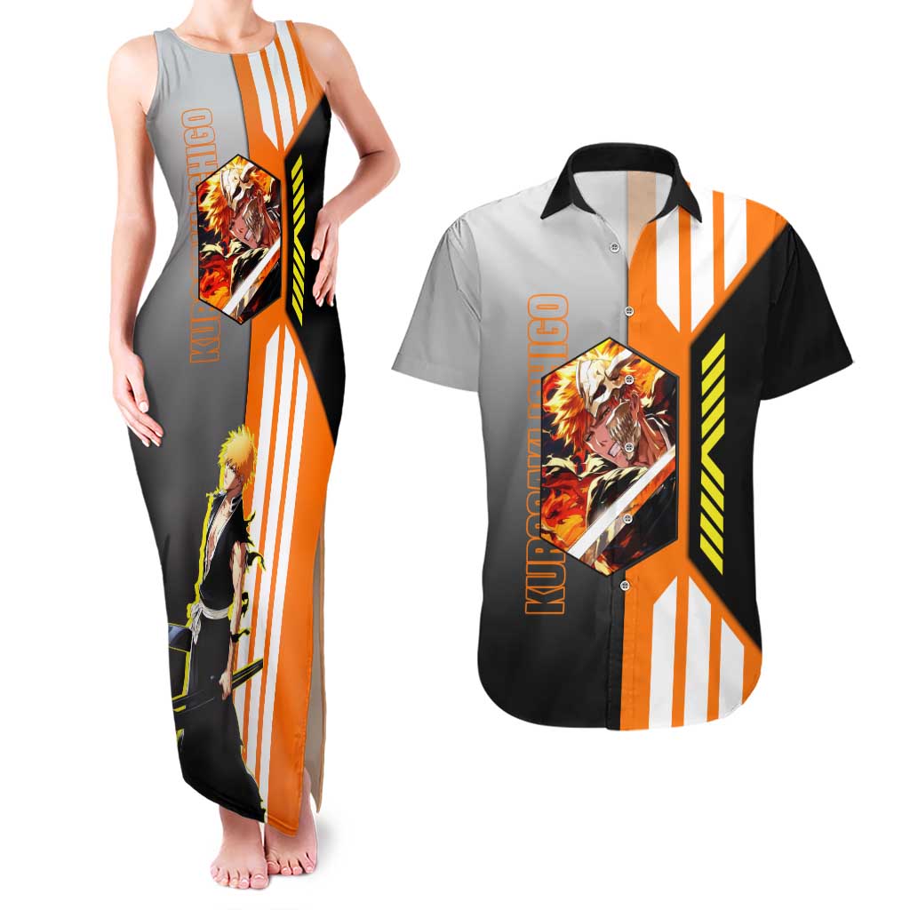 Ichigo Kurosaki from Bleach Couples Matching Tank Maxi Dress and Hawaiian Shirt with Sword and Battle Ready Pose Design - The Mazicc