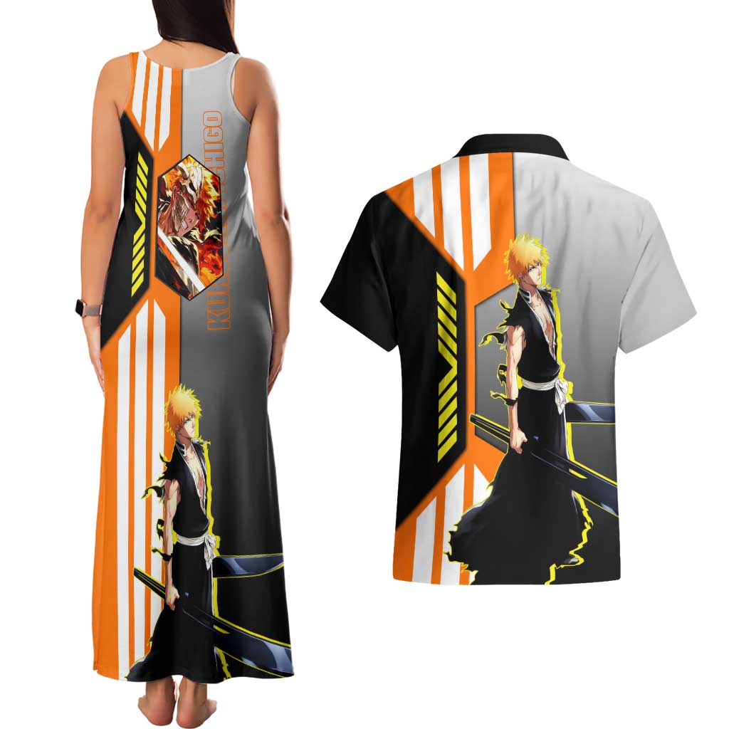 Ichigo Kurosaki from Bleach Couples Matching Tank Maxi Dress and Hawaiian Shirt with Sword and Battle Ready Pose Design - The Mazicc
