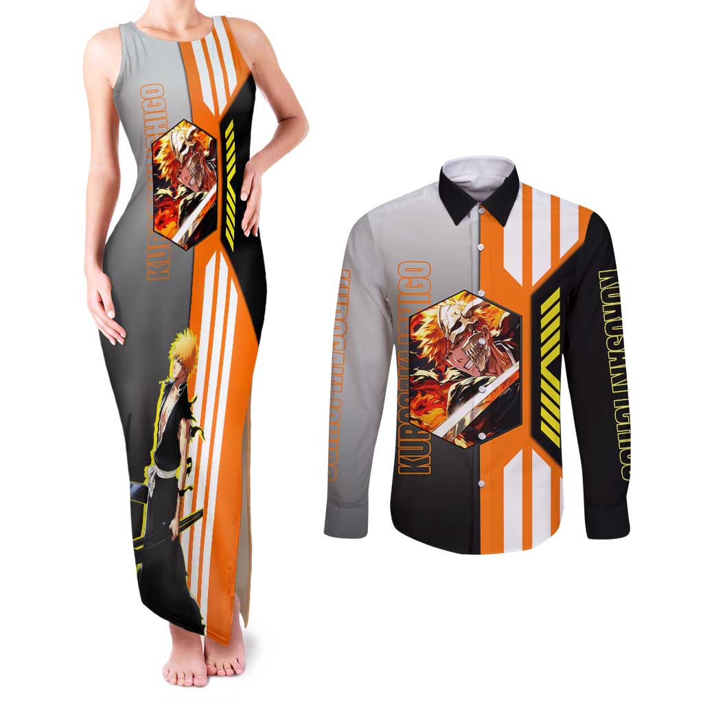 Ichigo Kurosaki from Bleach Couples Matching Tank Maxi Dress and Long Sleeve Button Shirt with Sword and Battle Ready Pose Design - The Mazicc