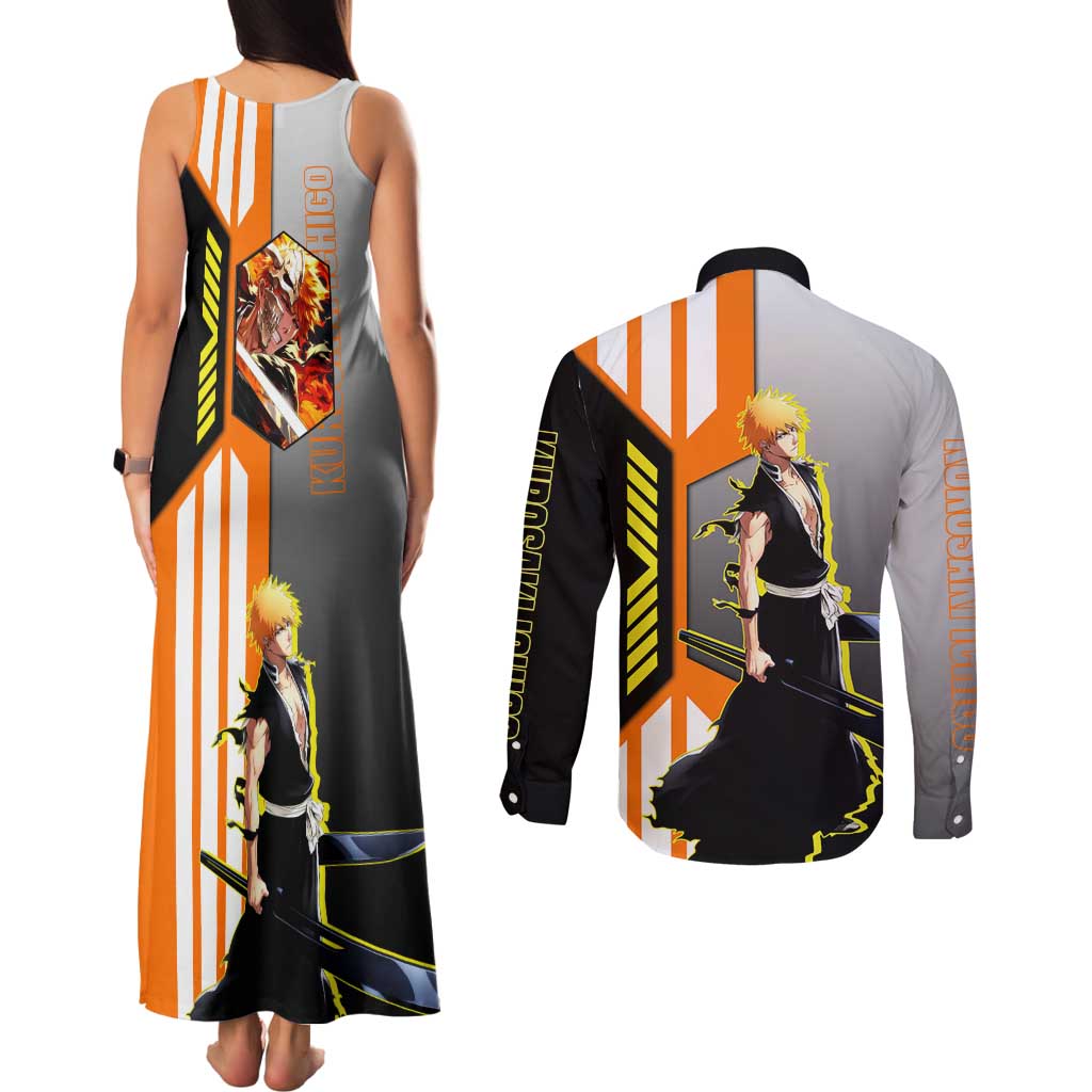 Ichigo Kurosaki from Bleach Couples Matching Tank Maxi Dress and Long Sleeve Button Shirt with Sword and Battle Ready Pose Design - The Mazicc