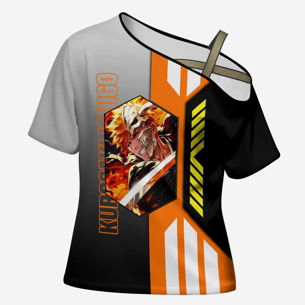 Ichigo Kurosaki from Bleach Cross Shoulder Shirt with Sword and Battle Ready Pose Design - The Mazicc