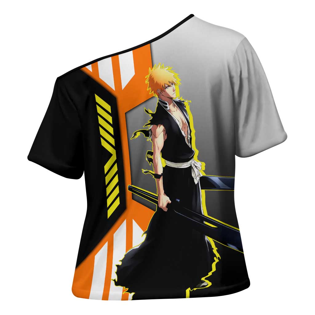 Ichigo Kurosaki from Bleach Cross Shoulder Shirt with Sword and Battle Ready Pose Design - The Mazicc