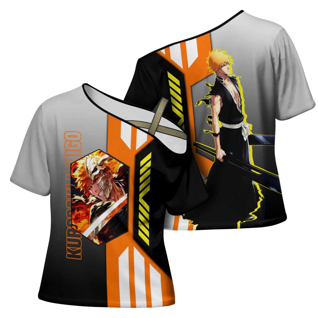 Ichigo Kurosaki from Bleach Cross Shoulder Shirt with Sword and Battle Ready Pose Design - The Mazicc
