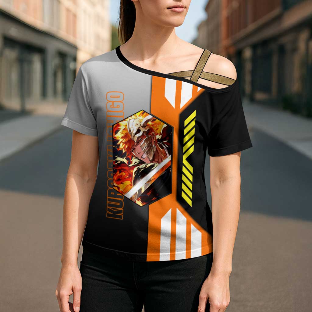 Ichigo Kurosaki from Bleach Cross Shoulder Shirt with Sword and Battle Ready Pose Design - The Mazicc