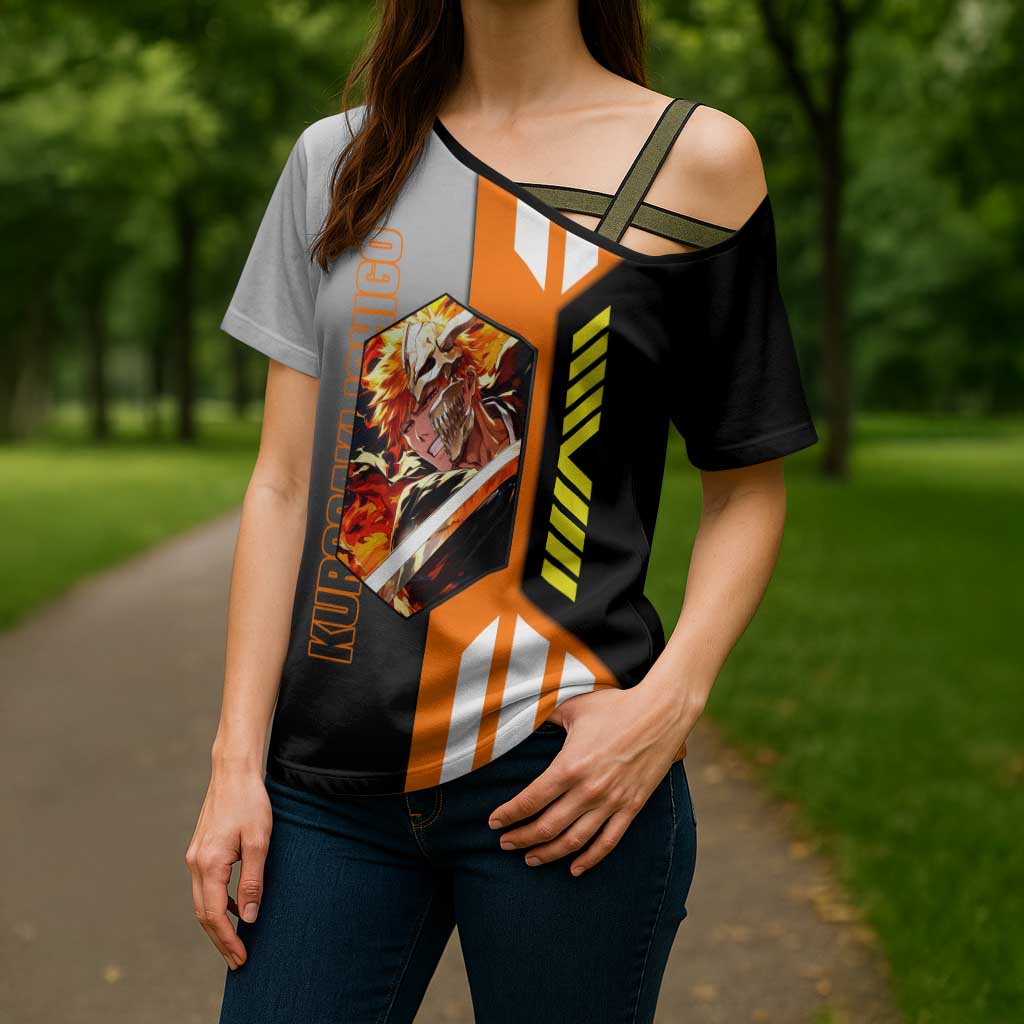 Ichigo Kurosaki from Bleach Cross Shoulder Shirt with Sword and Battle Ready Pose Design - The Mazicc