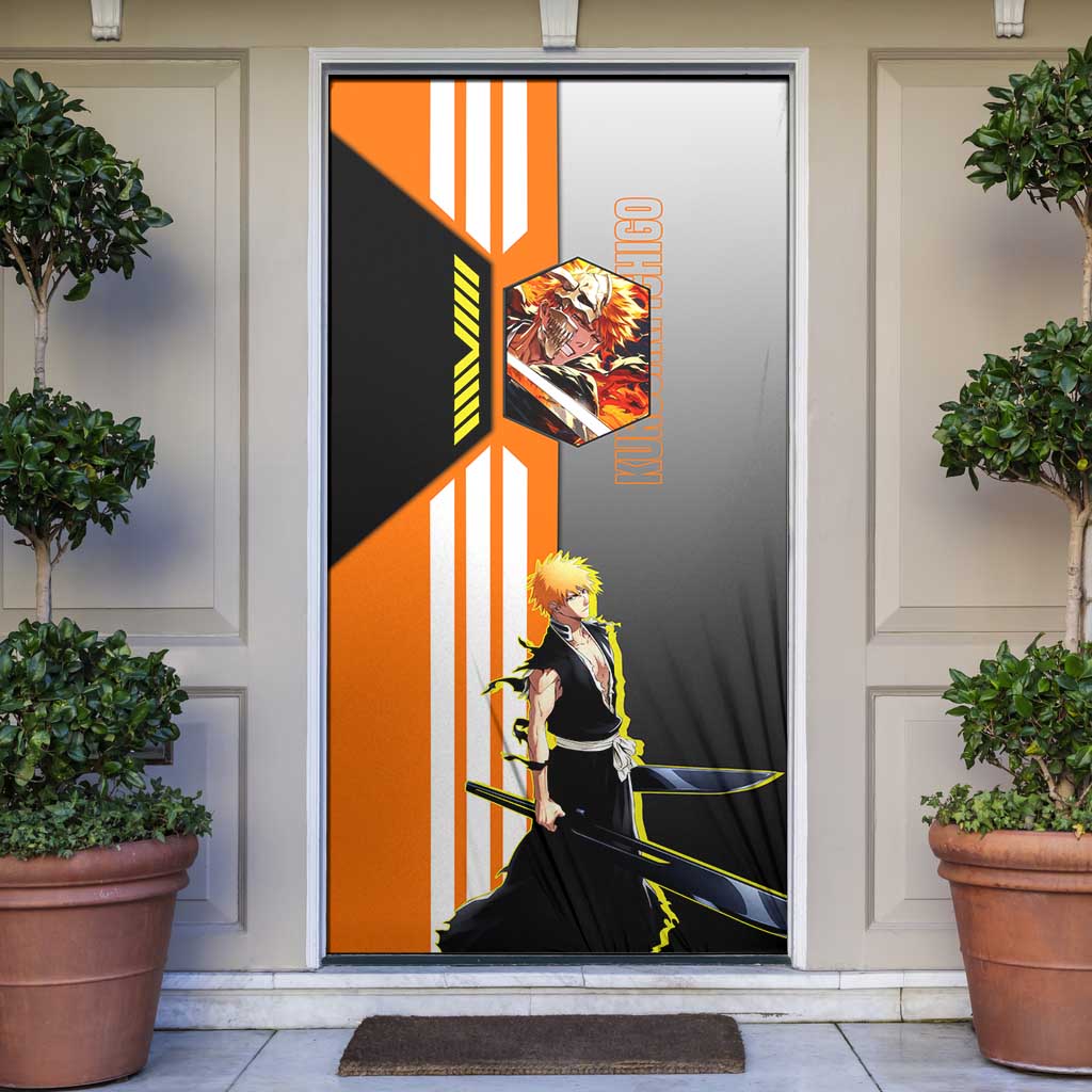 Ichigo Kurosaki from Bleach Door Cover with Sword and Battle Ready Pose Design - The Mazicc