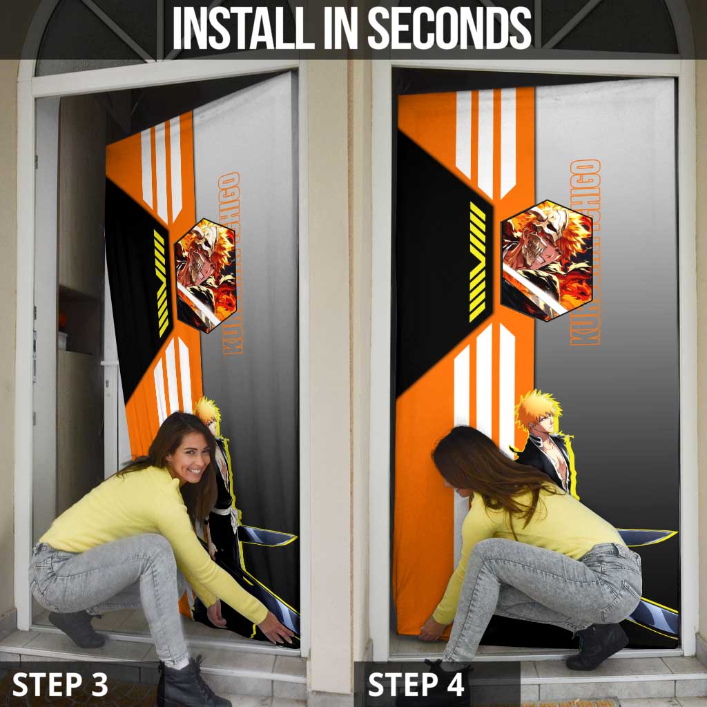 Ichigo Kurosaki from Bleach Door Cover with Sword and Battle Ready Pose Design - The Mazicc