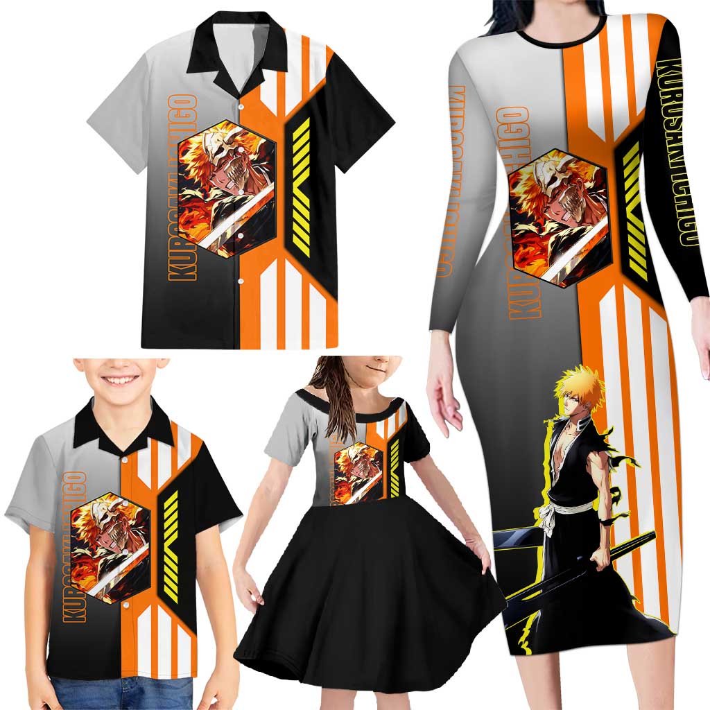 Ichigo Kurosaki from Bleach Family Matching Long Sleeve Bodycon Dress and Hawaiian Shirt with Sword and Battle Ready Pose Design - The Mazicc