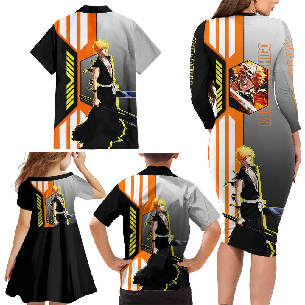 Ichigo Kurosaki from Bleach Family Matching Long Sleeve Bodycon Dress and Hawaiian Shirt with Sword and Battle Ready Pose Design - The Mazicc
