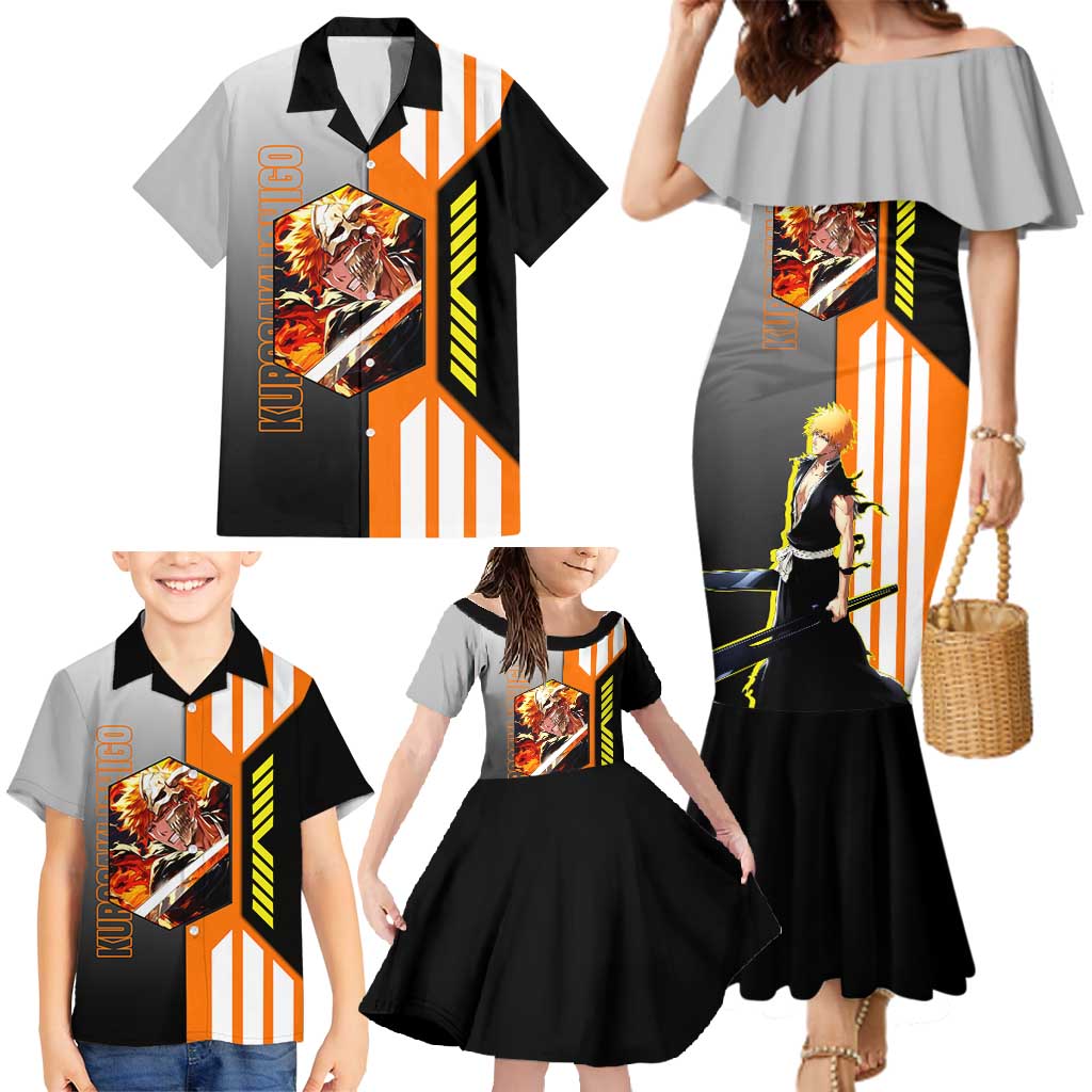 Ichigo Kurosaki from Bleach Family Matching Mermaid Dress and Hawaiian Shirt with Sword and Battle Ready Pose Design - The Mazicc