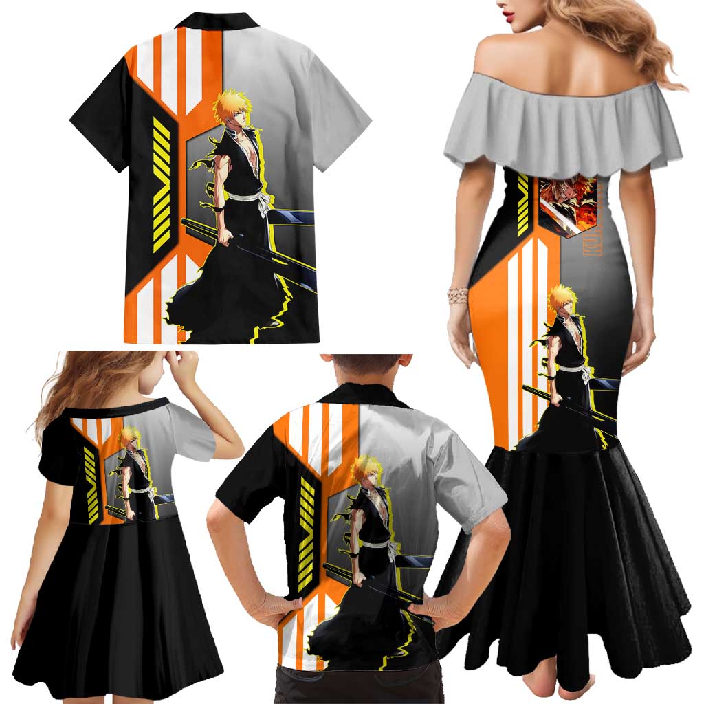 Ichigo Kurosaki from Bleach Family Matching Mermaid Dress and Hawaiian Shirt with Sword and Battle Ready Pose Design - The Mazicc