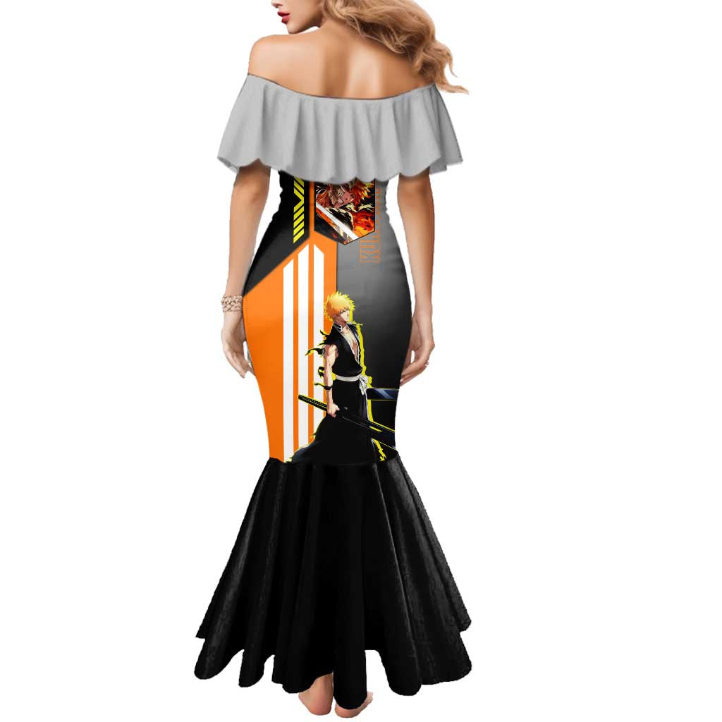Ichigo Kurosaki from Bleach Family Matching Mermaid Dress and Hawaiian Shirt with Sword and Battle Ready Pose Design - The Mazicc