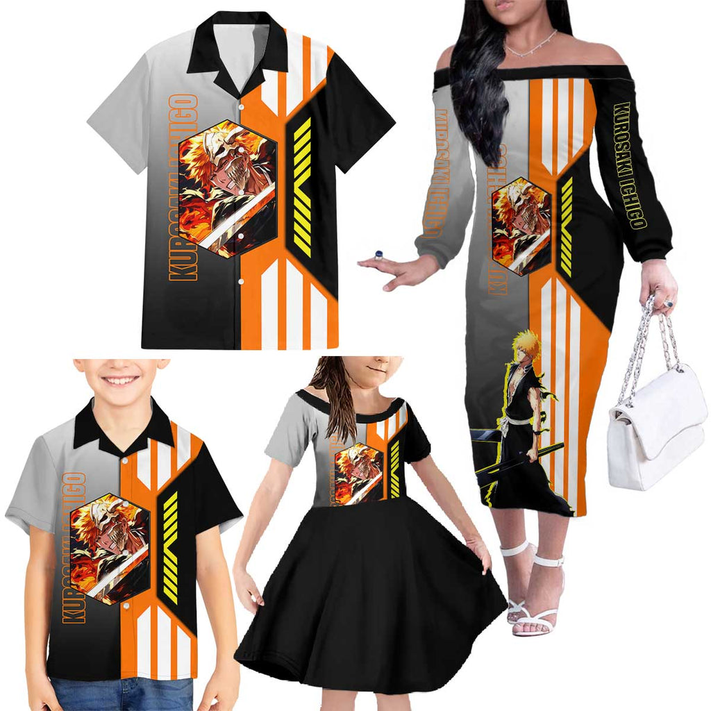 Ichigo Kurosaki from Bleach Family Matching Off The Shoulder Long Sleeve Dress and Hawaiian Shirt with Sword and Battle Ready Pose Design - The Mazicc