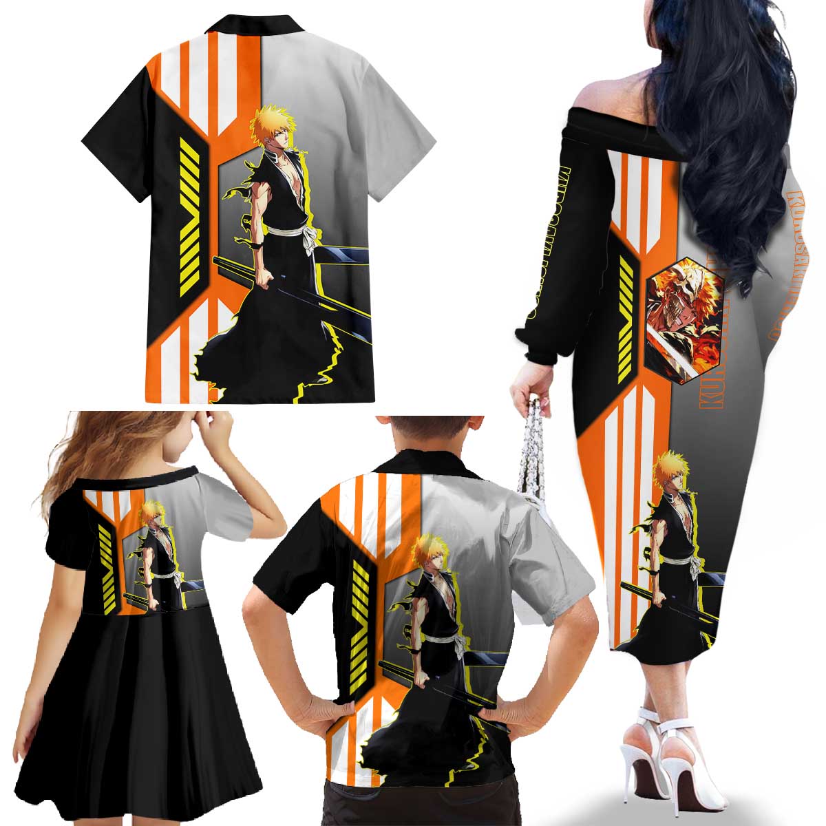 Ichigo Kurosaki from Bleach Family Matching Off The Shoulder Long Sleeve Dress and Hawaiian Shirt with Sword and Battle Ready Pose Design - The Mazicc