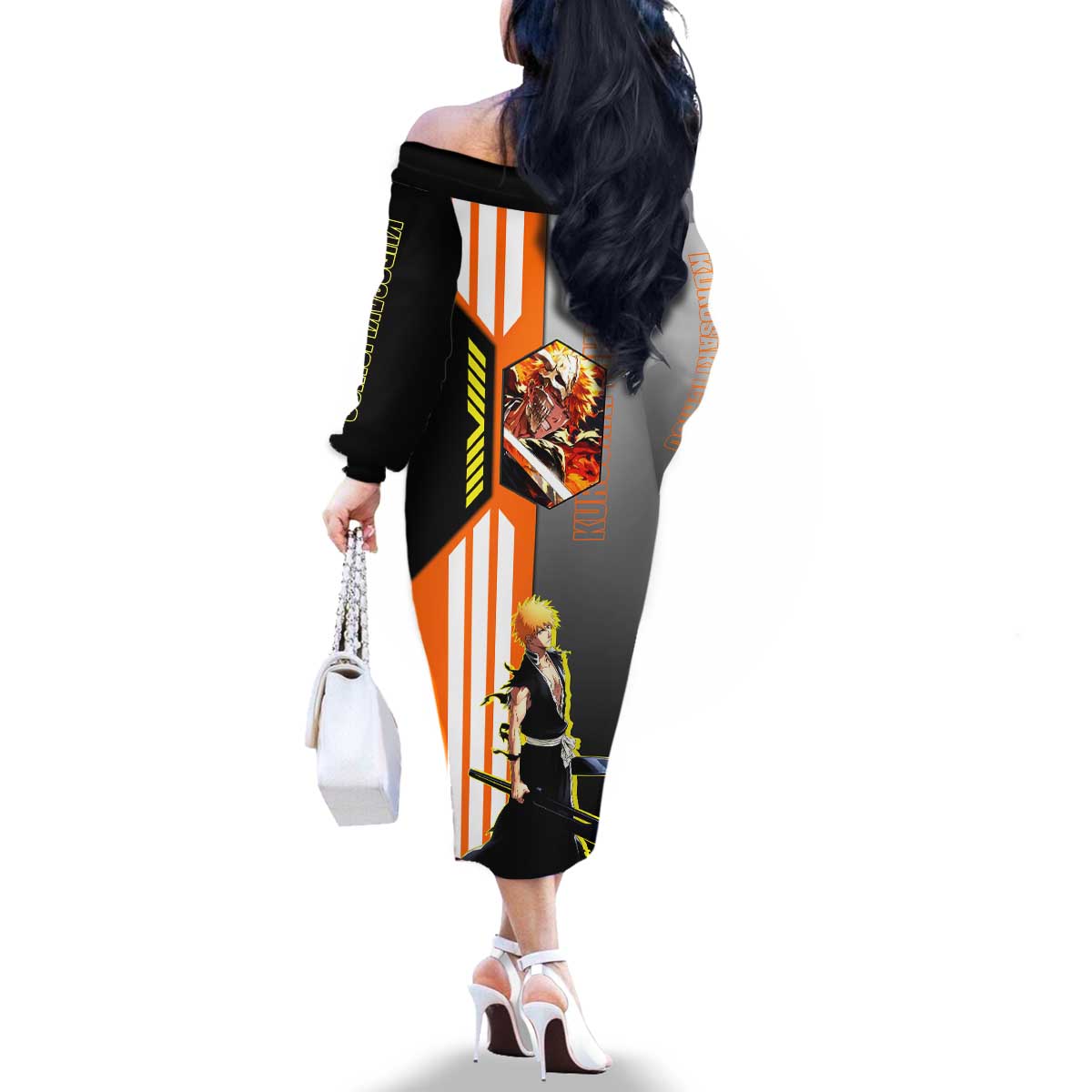 Ichigo Kurosaki from Bleach Family Matching Off The Shoulder Long Sleeve Dress and Hawaiian Shirt with Sword and Battle Ready Pose Design - The Mazicc