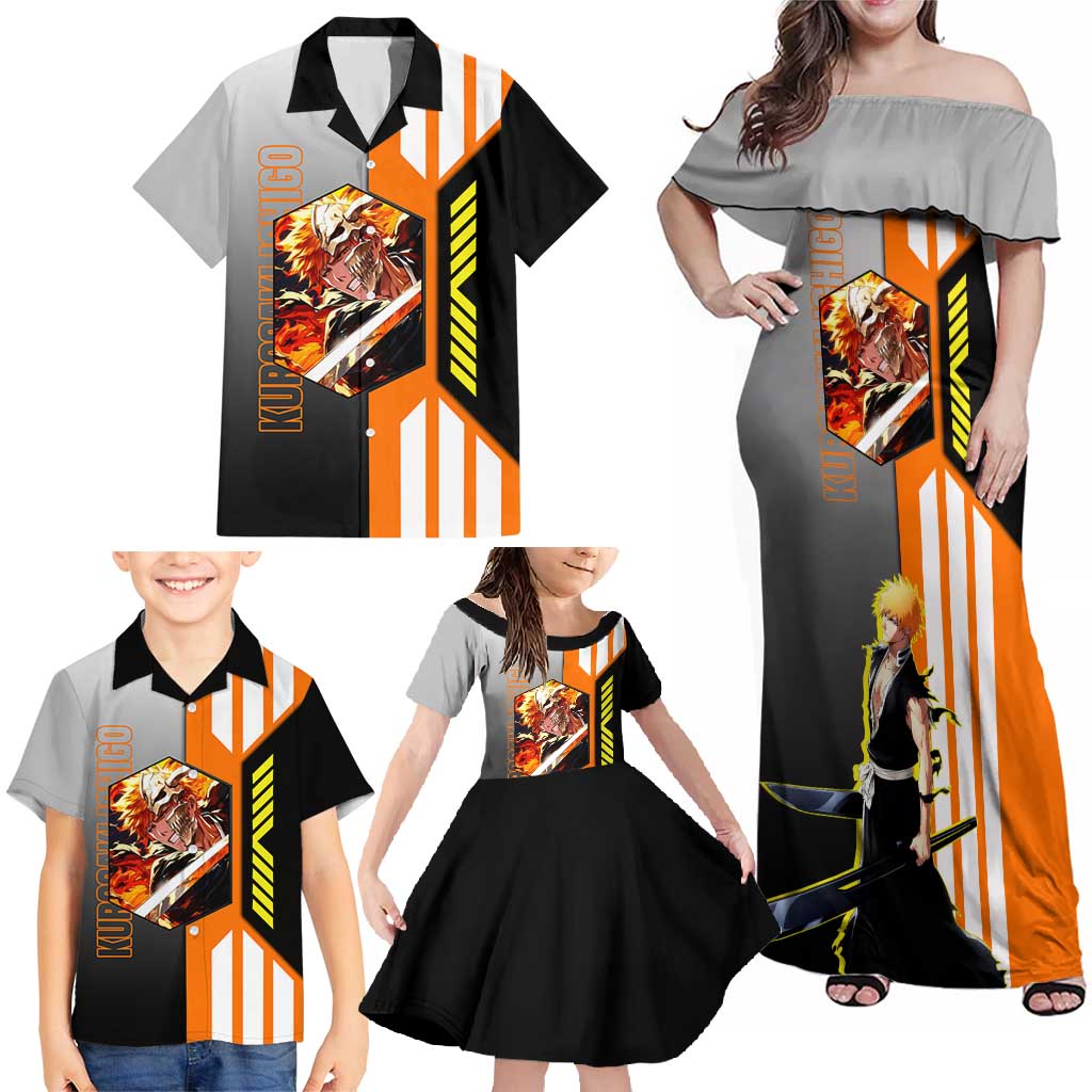 Ichigo Kurosaki from Bleach Family Matching Off Shoulder Maxi Dress and Hawaiian Shirt with Sword and Battle Ready Pose Design - The Mazicc