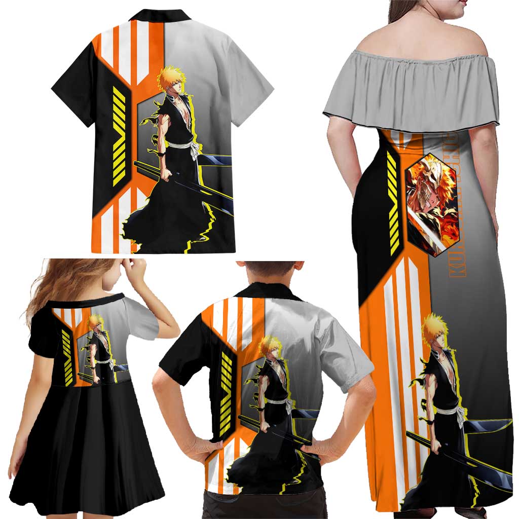 Ichigo Kurosaki from Bleach Family Matching Off Shoulder Maxi Dress and Hawaiian Shirt with Sword and Battle Ready Pose Design - The Mazicc