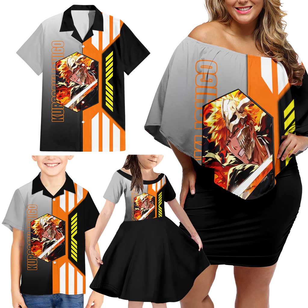 Ichigo Kurosaki from Bleach Family Matching Off Shoulder Short Dress and Hawaiian Shirt with Sword and Battle Ready Pose Design - The Mazicc