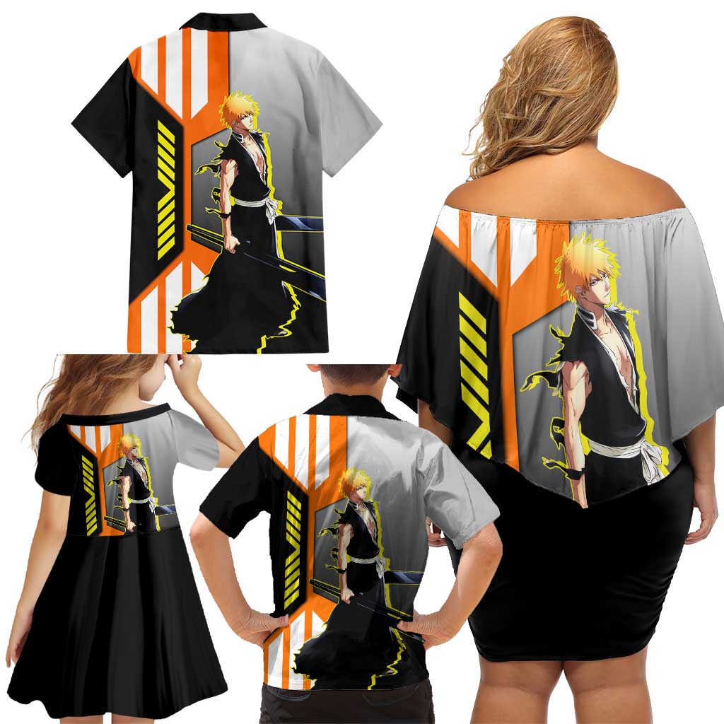 Ichigo Kurosaki from Bleach Family Matching Off Shoulder Short Dress and Hawaiian Shirt with Sword and Battle Ready Pose Design - The Mazicc