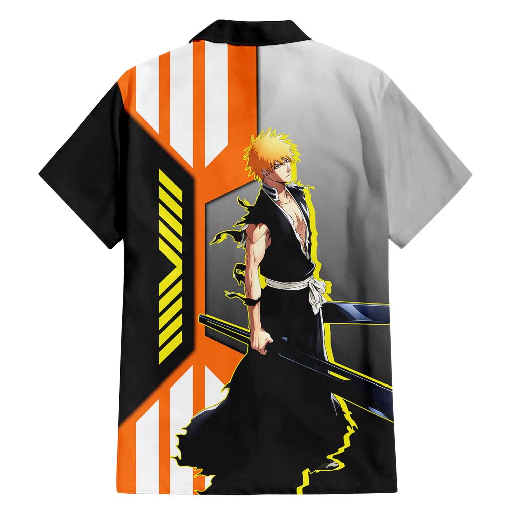 Ichigo Kurosaki from Bleach Family Matching Off Shoulder Short Dress and Hawaiian Shirt with Sword and Battle Ready Pose Design - The Mazicc
