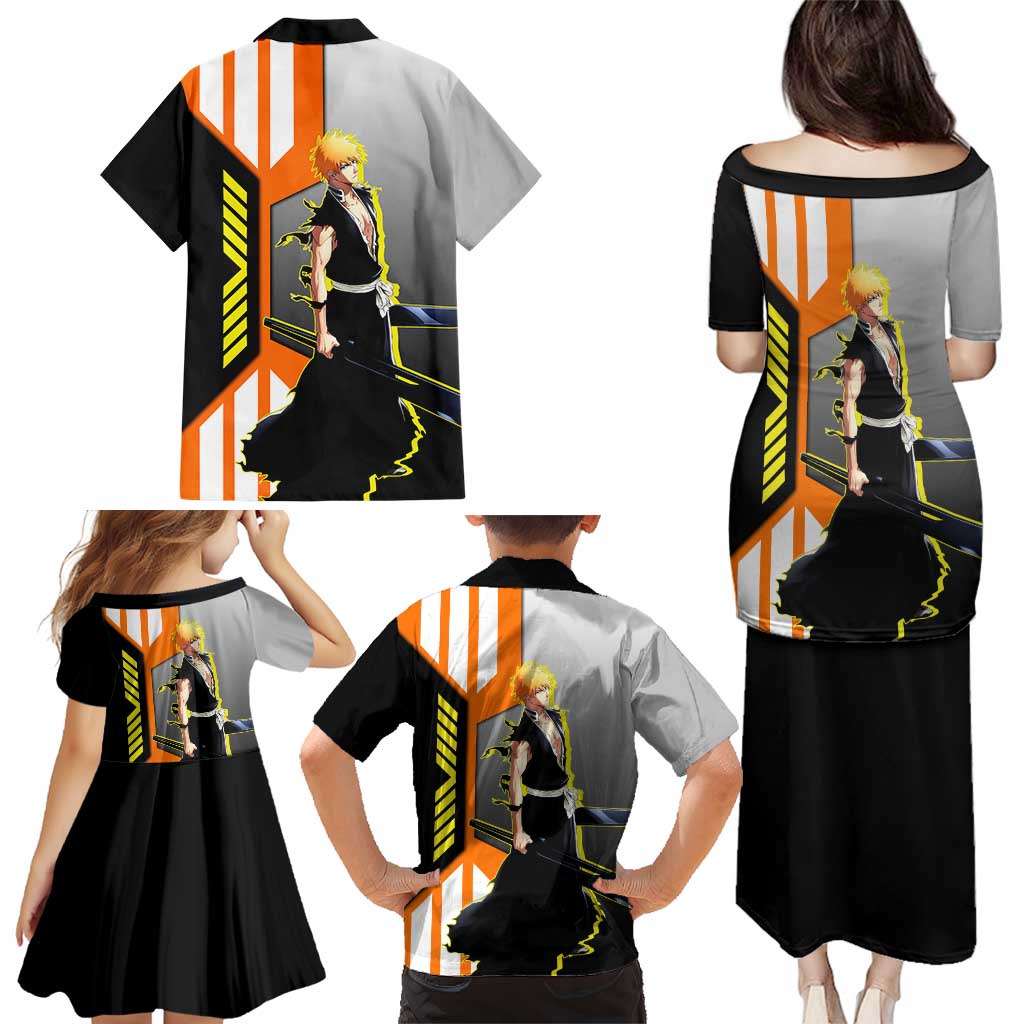 Ichigo Kurosaki from Bleach Family Matching Puletasi and Hawaiian Shirt with Sword and Battle Ready Pose Design - The Mazicc