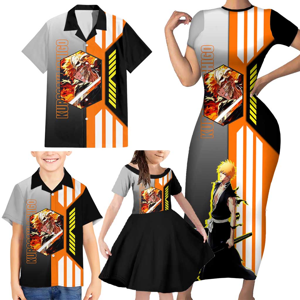 Ichigo Kurosaki from Bleach Family Matching Short Sleeve Bodycon Dress and Hawaiian Shirt with Sword and Battle Ready Pose Design - The Mazicc