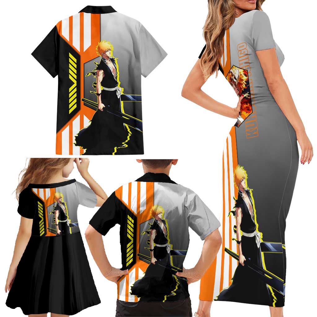 Ichigo Kurosaki from Bleach Family Matching Short Sleeve Bodycon Dress and Hawaiian Shirt with Sword and Battle Ready Pose Design - The Mazicc