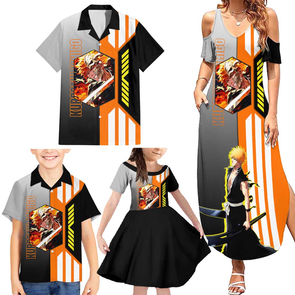 Ichigo Kurosaki from Bleach Family Matching Summer Maxi Dress and Hawaiian Shirt with Sword and Battle Ready Pose Design - The Mazicc