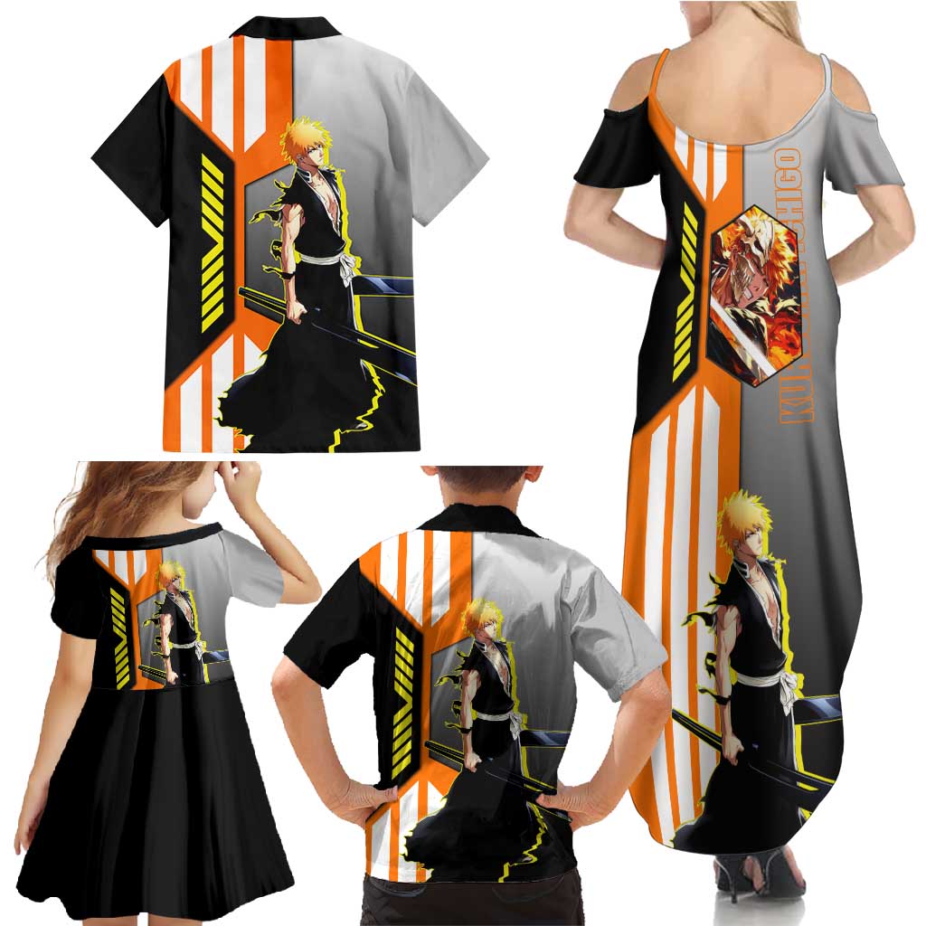 Ichigo Kurosaki from Bleach Family Matching Summer Maxi Dress and Hawaiian Shirt with Sword and Battle Ready Pose Design - The Mazicc