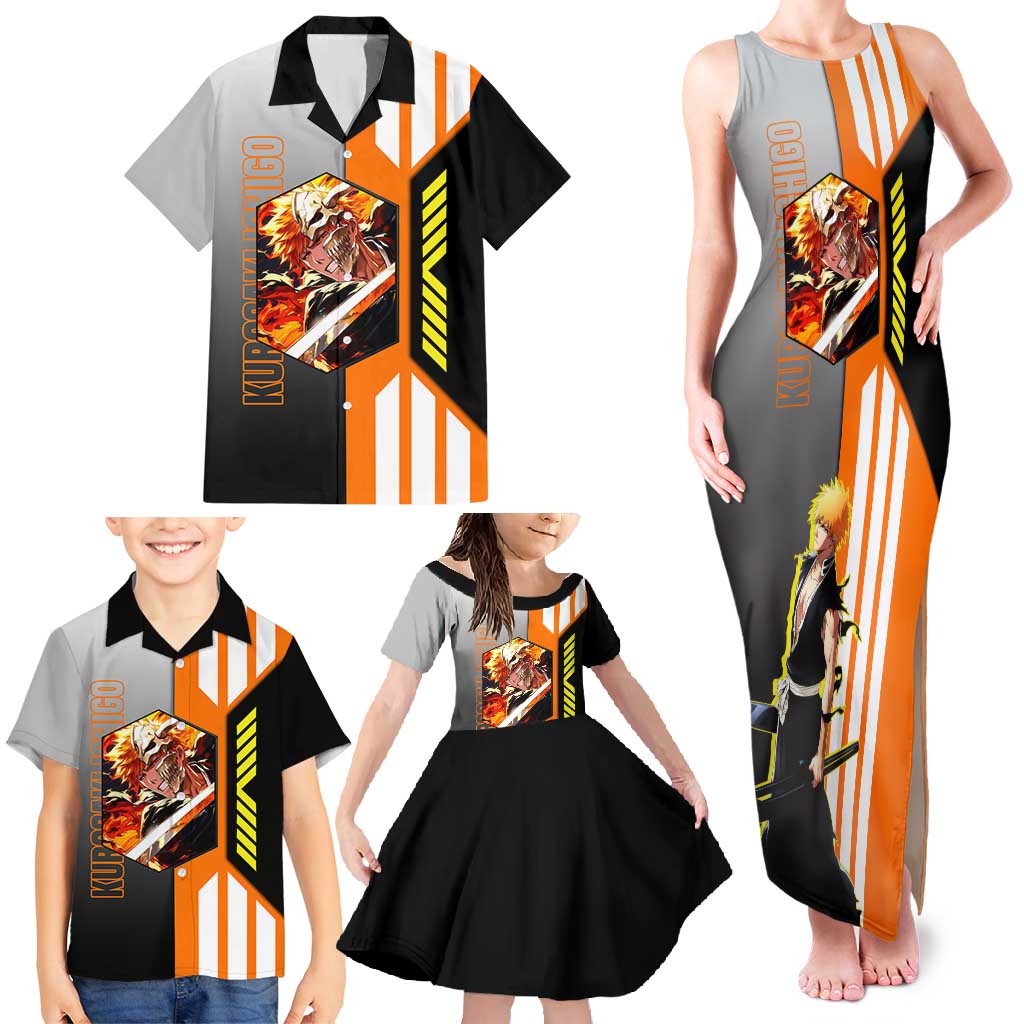 Ichigo Kurosaki from Bleach Family Matching Tank Maxi Dress and Hawaiian Shirt with Sword and Battle Ready Pose Design - The Mazicc