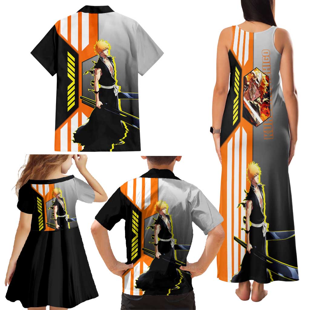 Ichigo Kurosaki from Bleach Family Matching Tank Maxi Dress and Hawaiian Shirt with Sword and Battle Ready Pose Design - The Mazicc