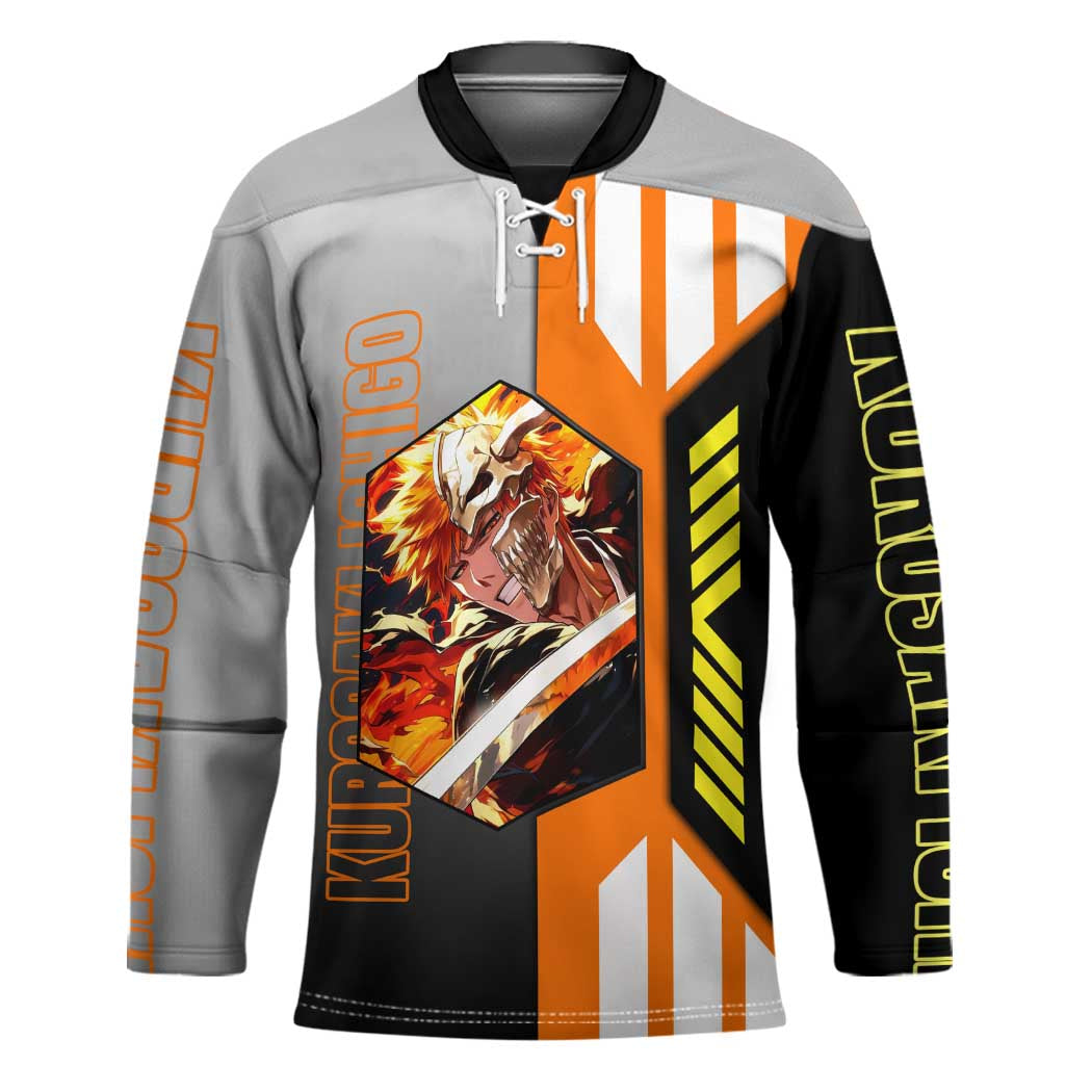Ichigo Kurosaki from Bleach Hockey Jersey with Sword and Battle Ready Pose Design - The Mazicc