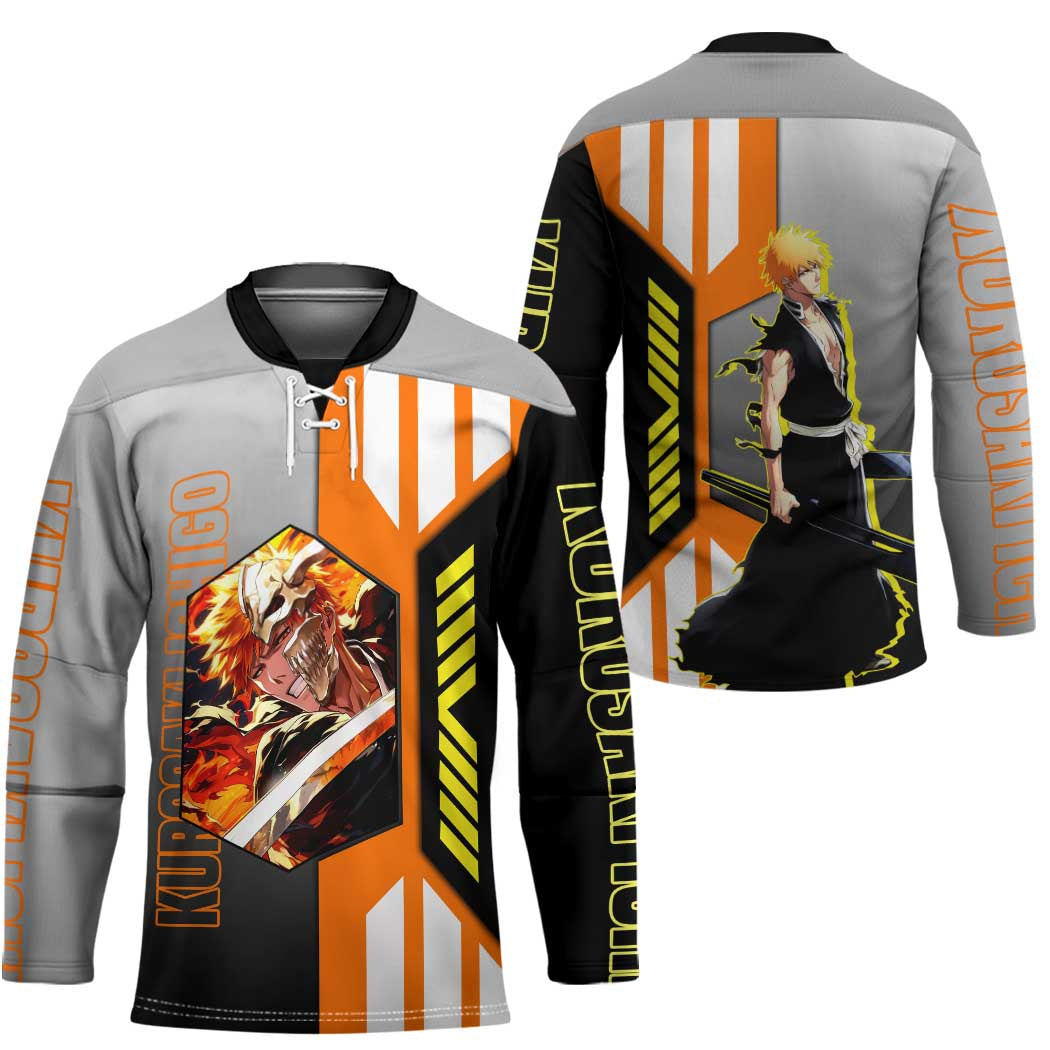 Ichigo Kurosaki from Bleach Hockey Jersey with Sword and Battle Ready Pose Design - The Mazicc