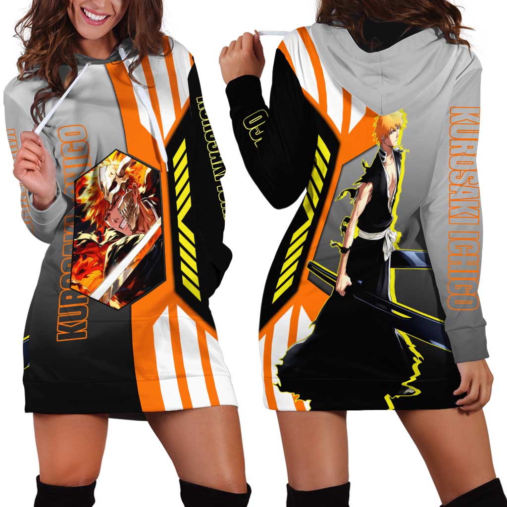 Ichigo Kurosaki from Bleach Hoodie Dress with Sword and Battle Ready Pose Design - The Mazicc