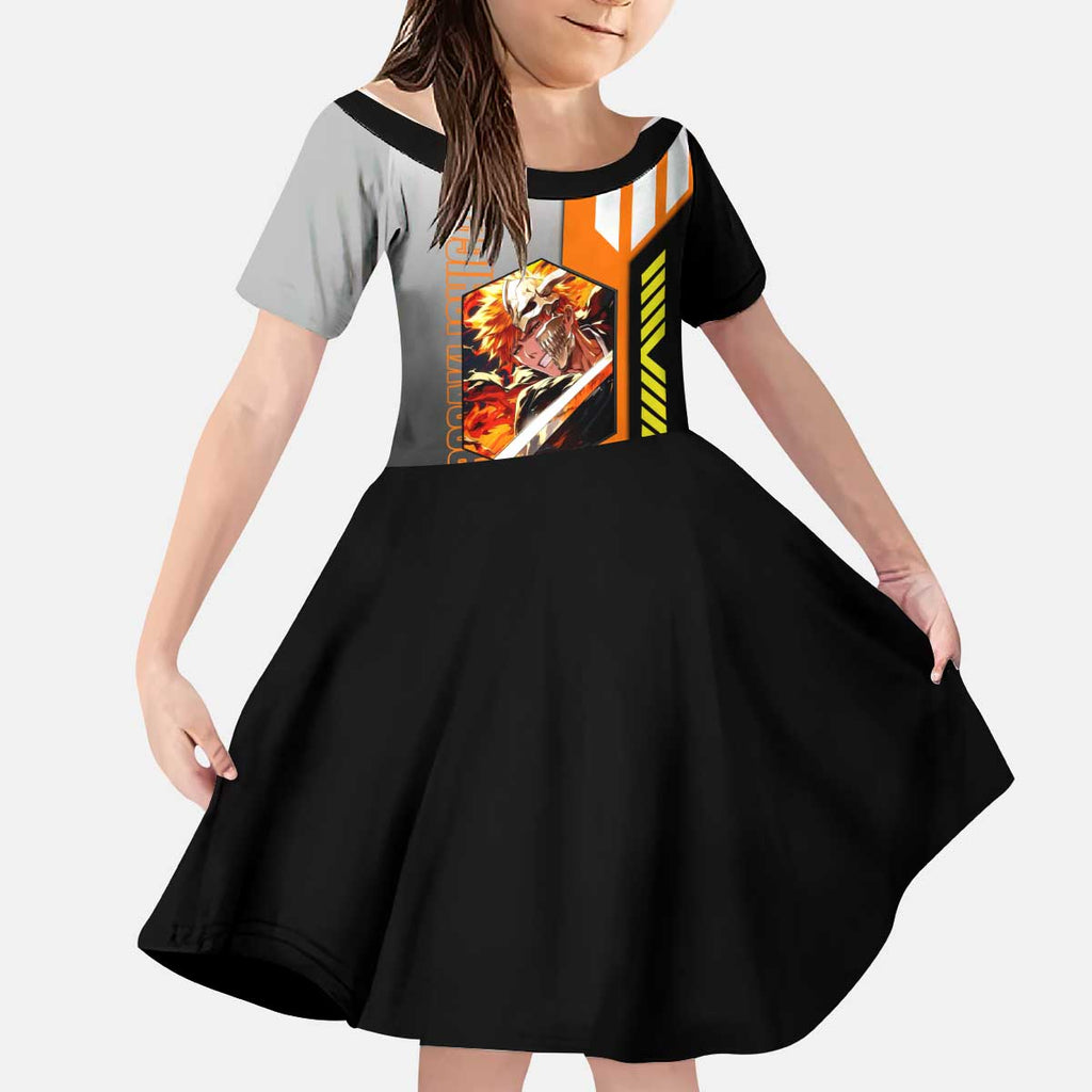 Ichigo Kurosaki from Bleach Kid Short Sleeve Dress with Sword and Battle Ready Pose Design - The Mazicc