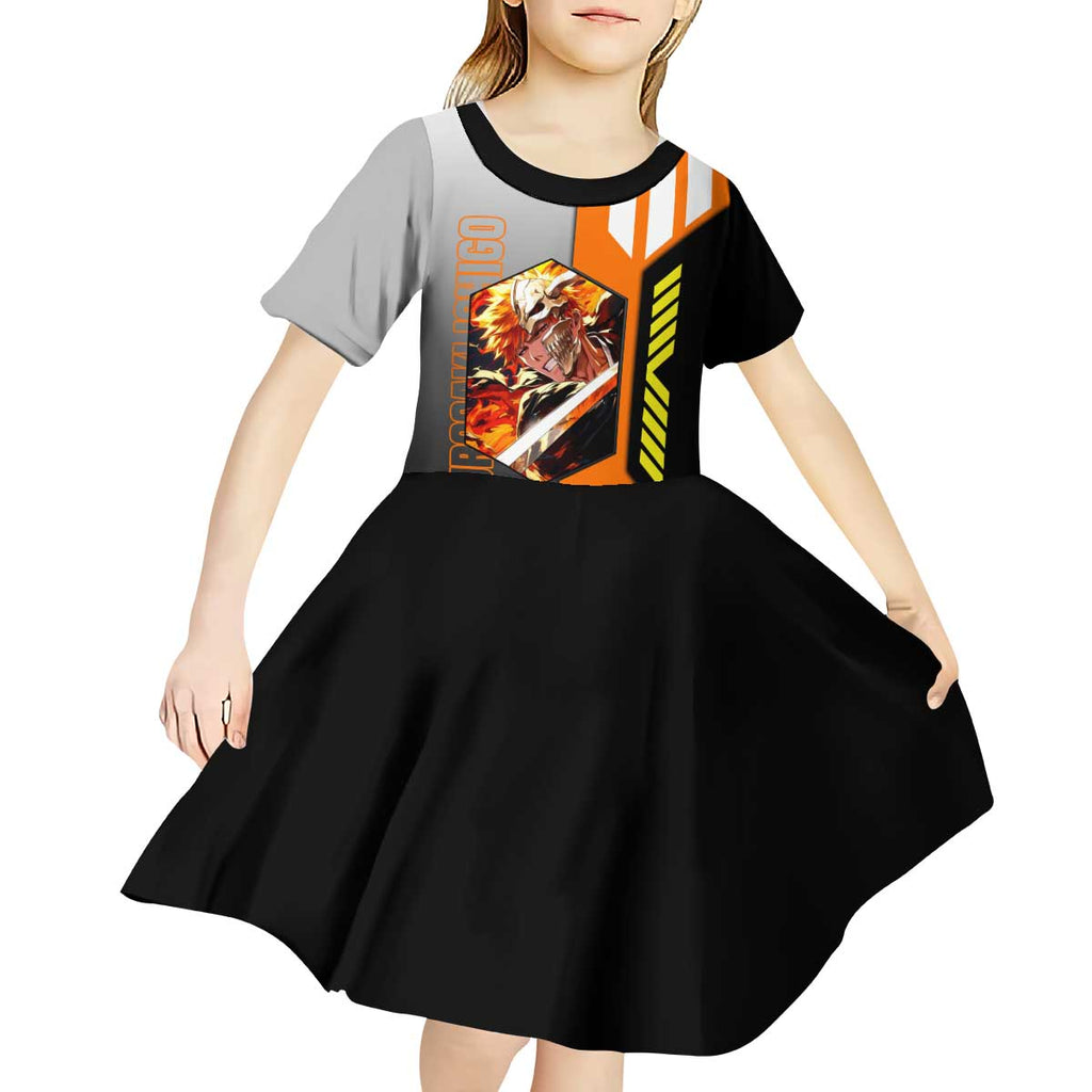 Ichigo Kurosaki from Bleach Kid Short Sleeve Dress with Sword and Battle Ready Pose Design - The Mazicc